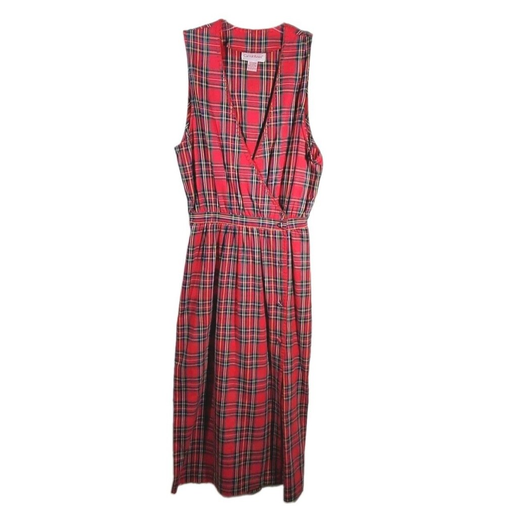 VTG Carroll Reed Red Plaid Wrap Midi Dress Womens Large L 100% Cotton Sleeveless